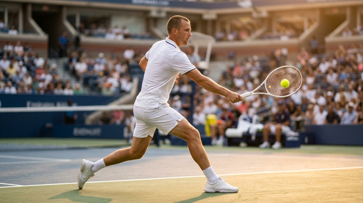 Adult tennis player hitting a one handed backhand at full extension in golden light