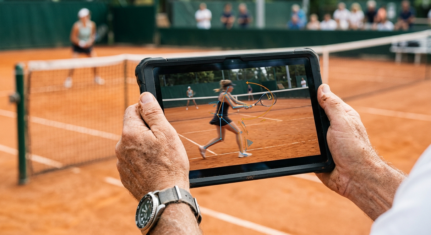 A tennis coach's hands holding a tablet with motion capture swing analysis overlay