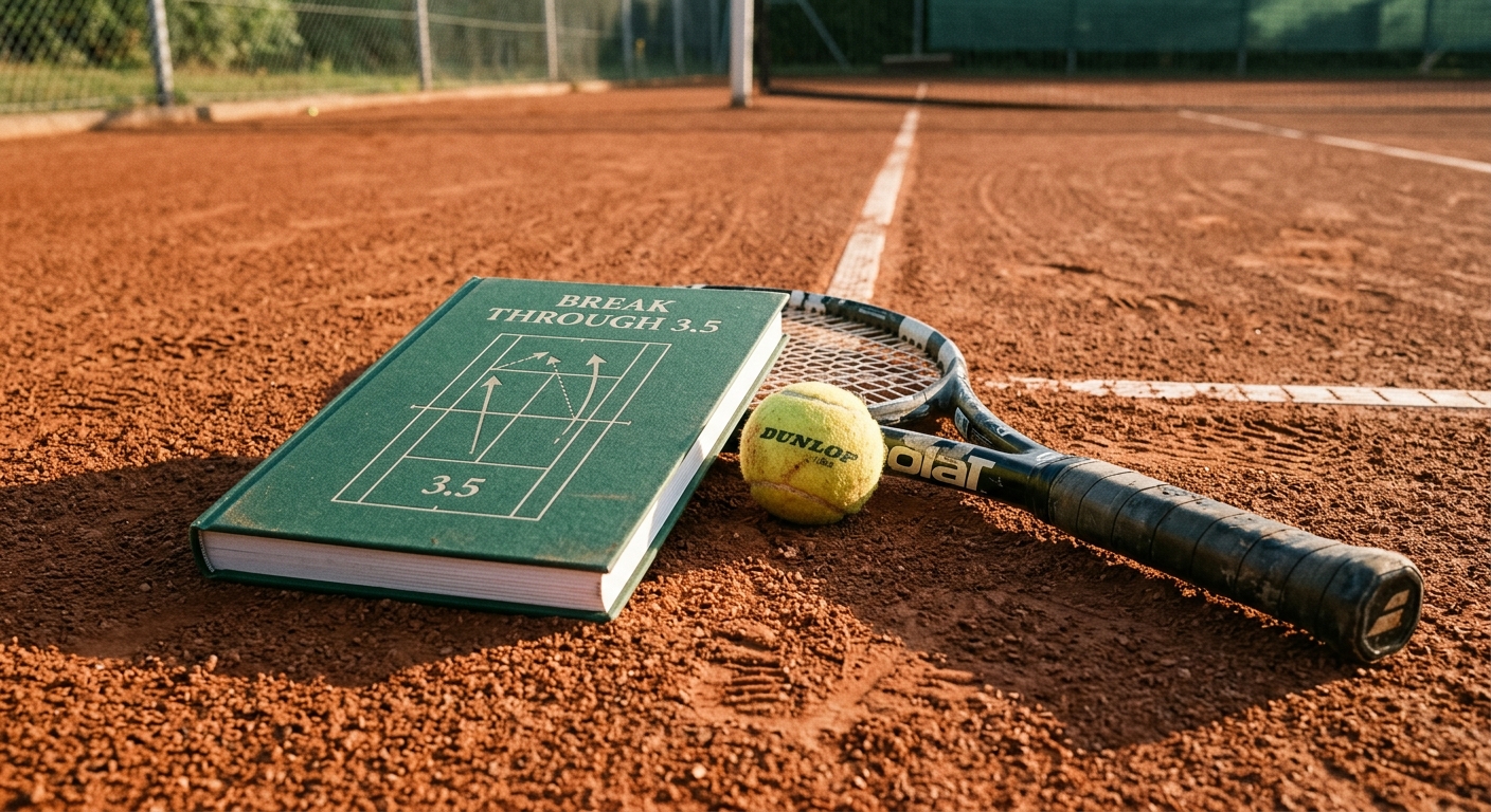 The Break Through 3.5 Playbook, a printed strategy guide on a clay tennis court