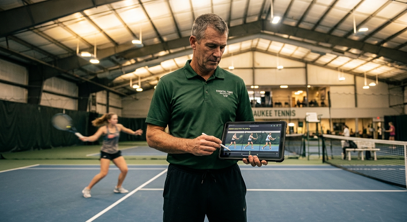 The Milwaukee VIP Preview Film, a coach analyzing a student's swing on a tablet