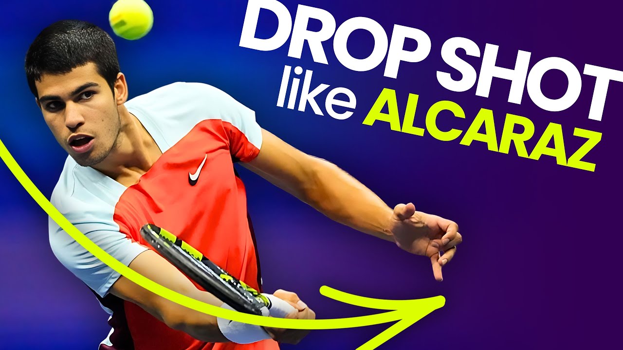 A tennis player hitting a drop shot in the style of Carlos Alcaraz, from the Essential Tennis video library