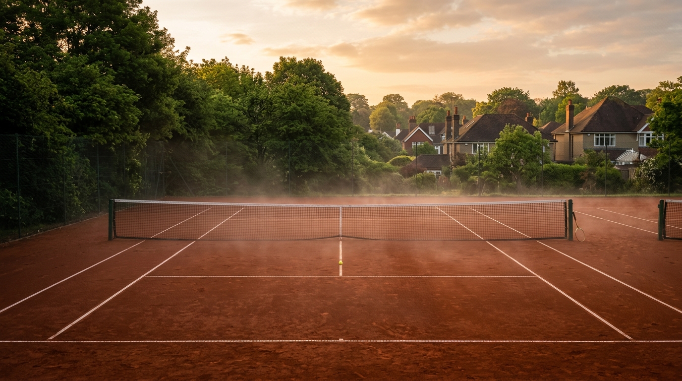 An empty clay tennis court at sunrise with morning mist rising off the surface