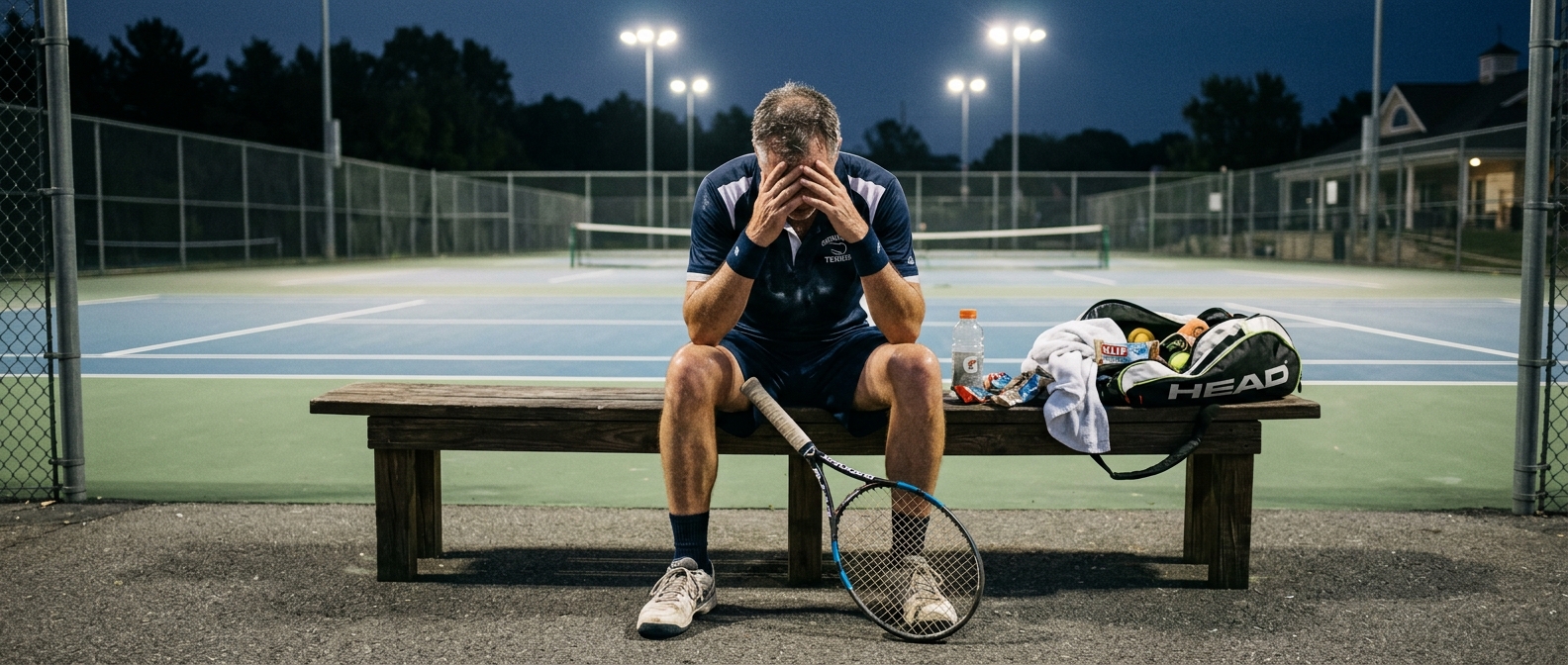 A tennis player sitting on a courtside bench after a frustrating match, head down, racket dangling